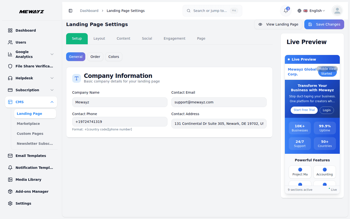 Mewayz white-label admin settings — configure your brand, domain, and colors