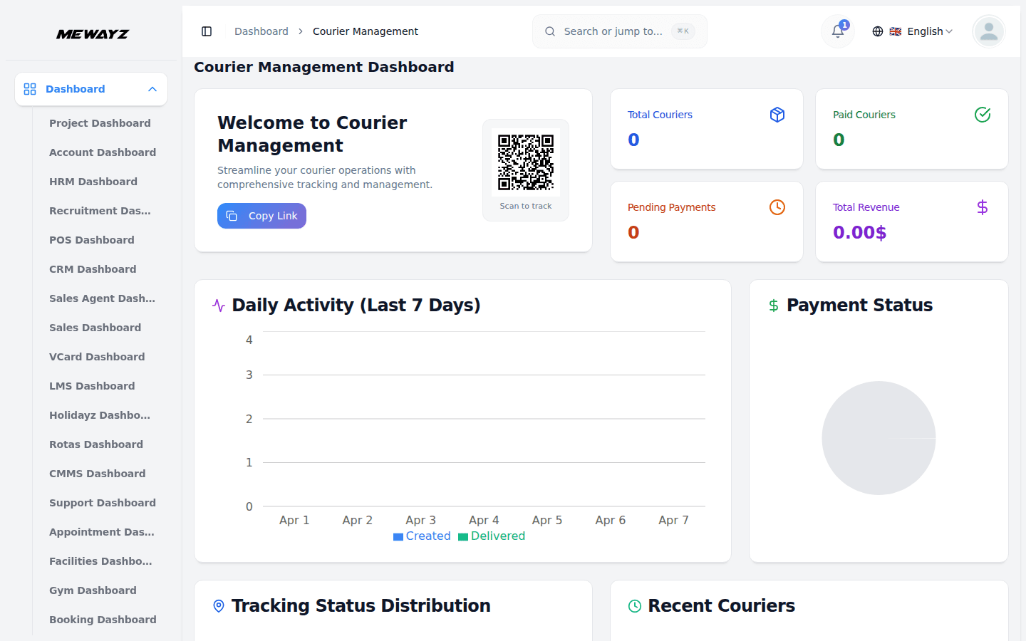Mewayz courier and logistics management dashboard