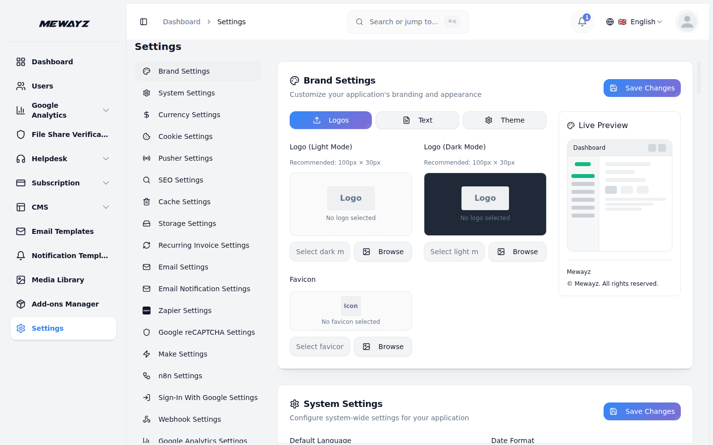 Mewayz white-label admin — brand settings, domain, and client management