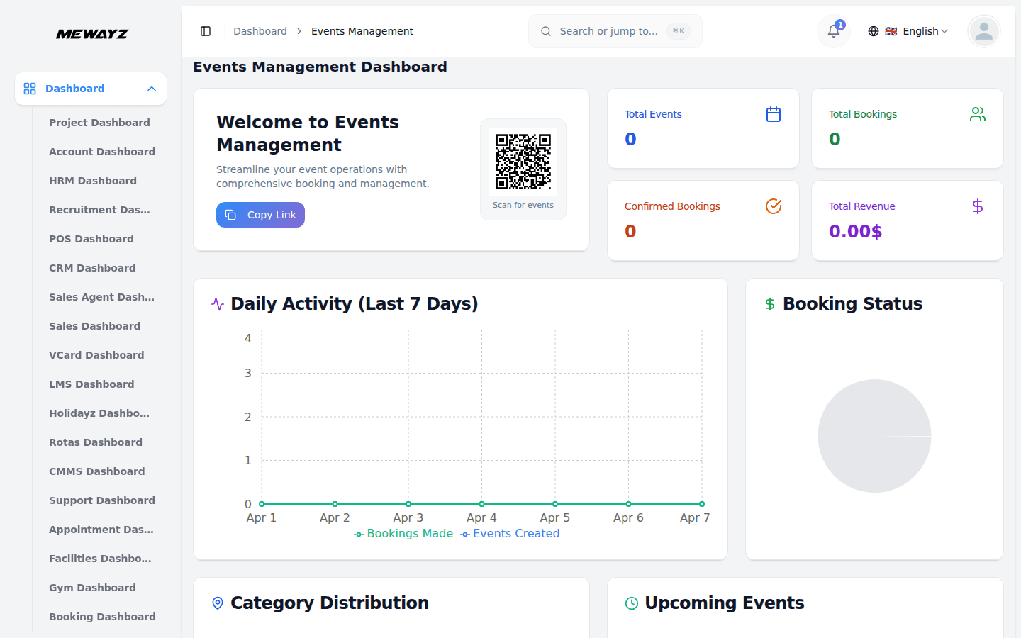 Mewayz events management dashboard — bookings, attendees, and venues