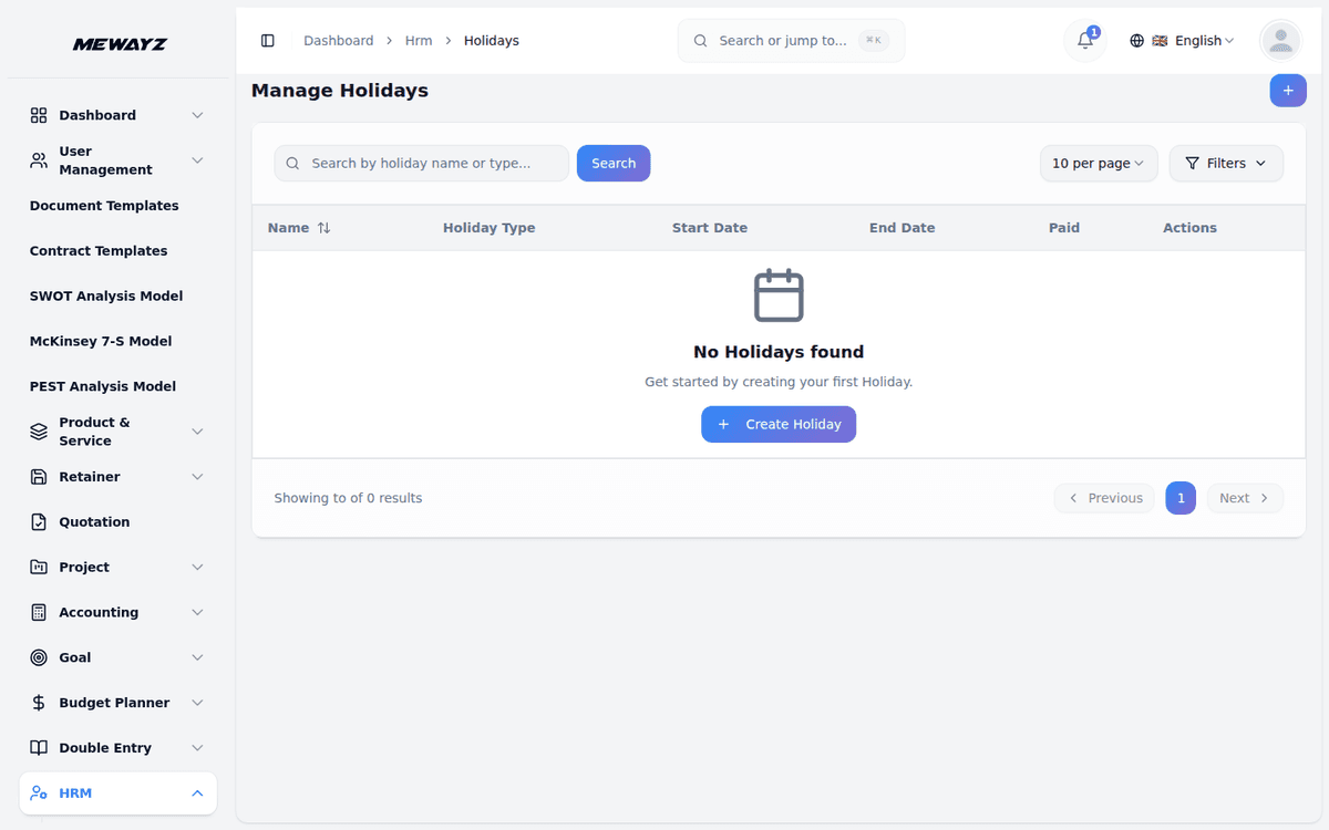 Mewayz Leave Management — Holiday calendar