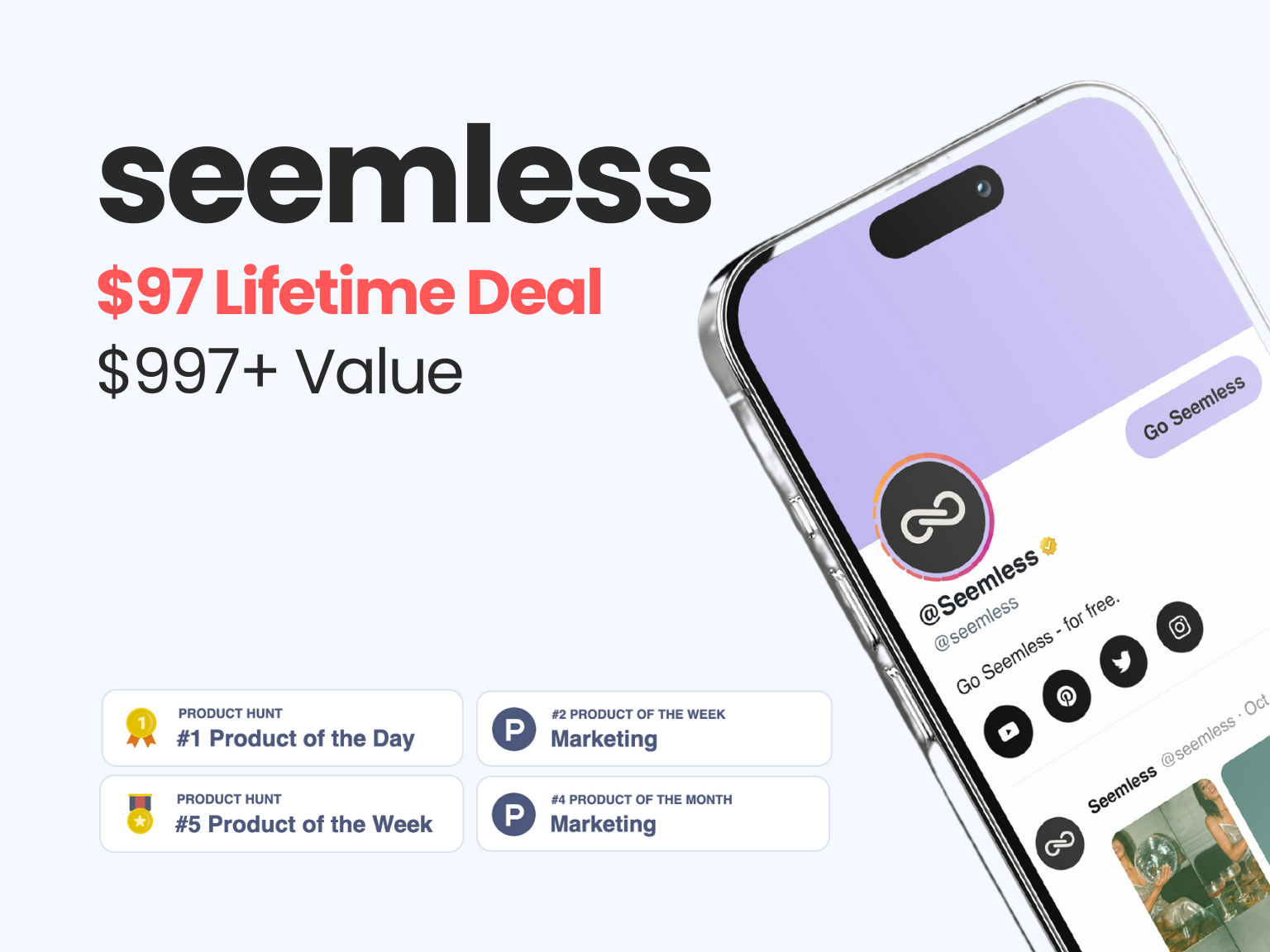 seemless Product Hunt awards — #1 Product of the Day, #5 Product of the Week